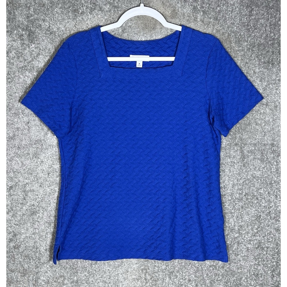 Kim Rogers Square Neck Textured Top Womens Sz Medium Blue Stretch Short Sleeve